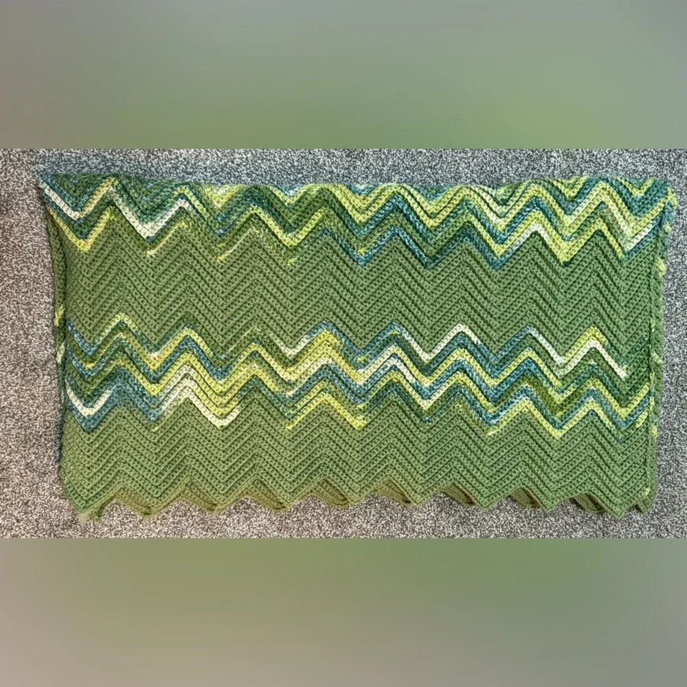 Handcrafted 82 x 36 Inch Chevron Afghan Multicolored Greens - New